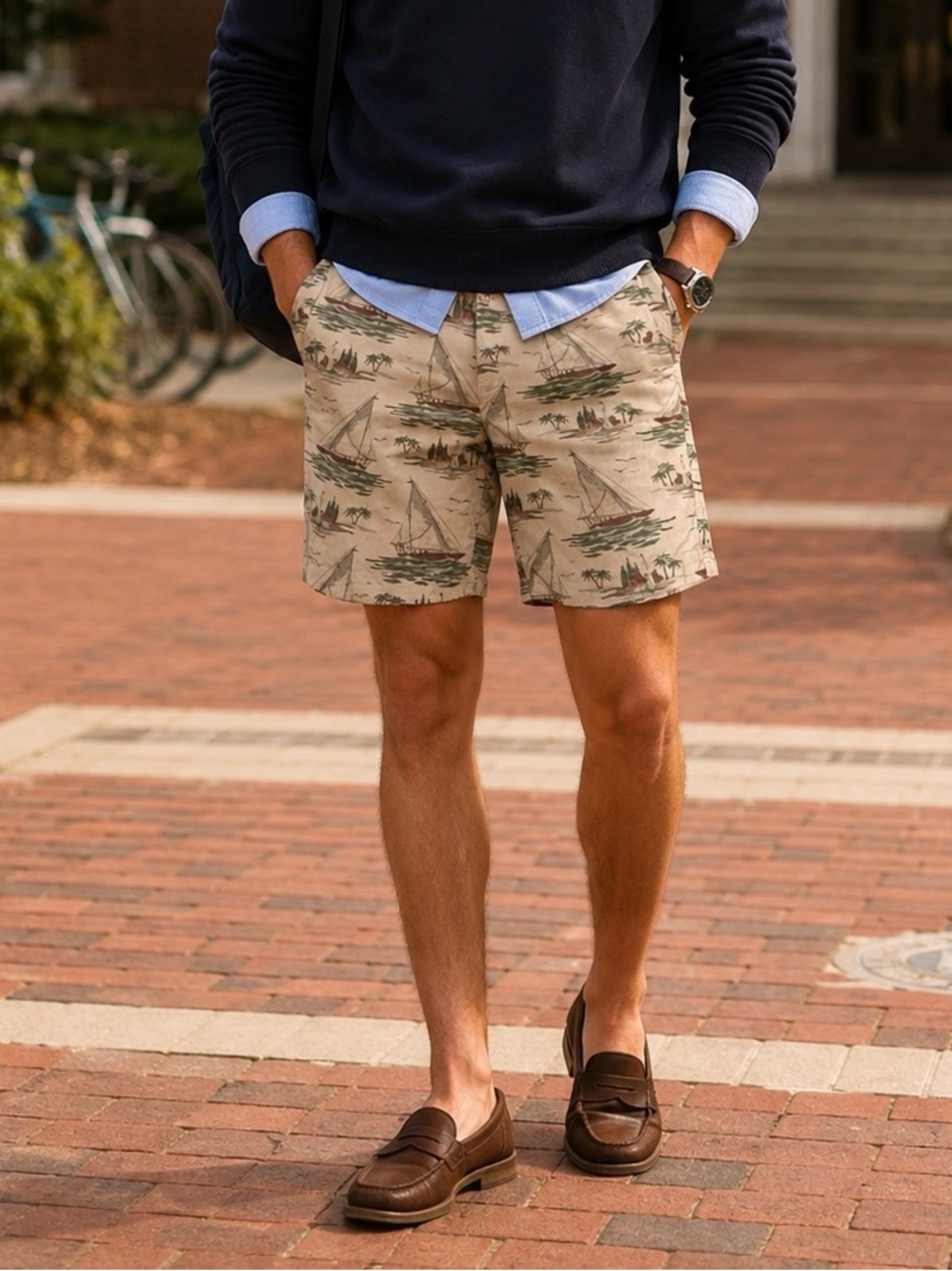 Lands' End Beige Cotton Shorts with Green Sailboat Print Men’s Size 35”